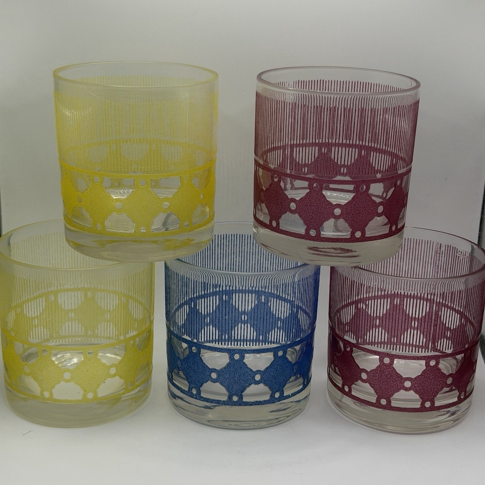 5 Vintage Mid Century Old Fashioned Glasses Rocks Bourbon MCM Pink Blue Yellow